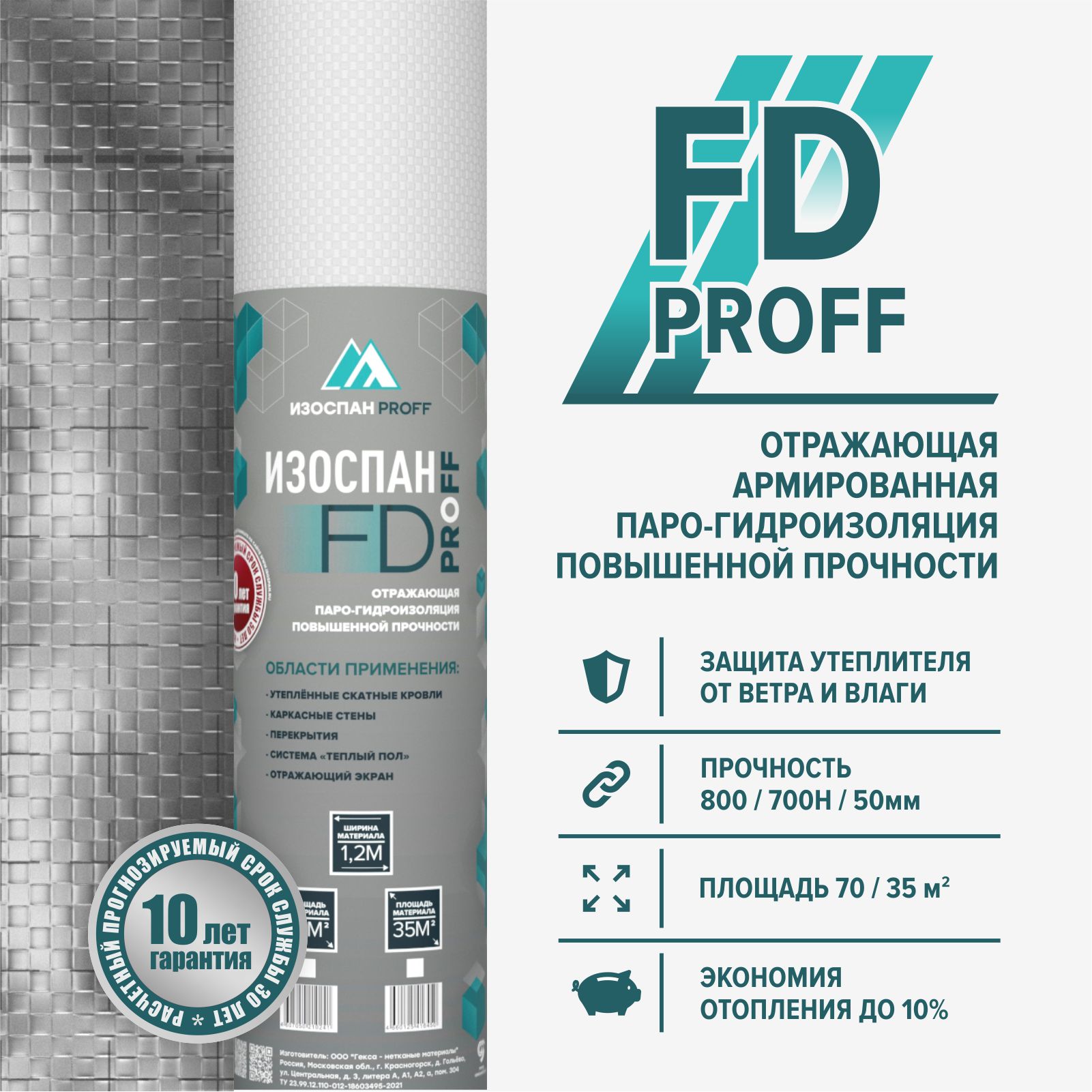 Изоспан FD proff (отражающая гидро-пароизоляция) 35м2